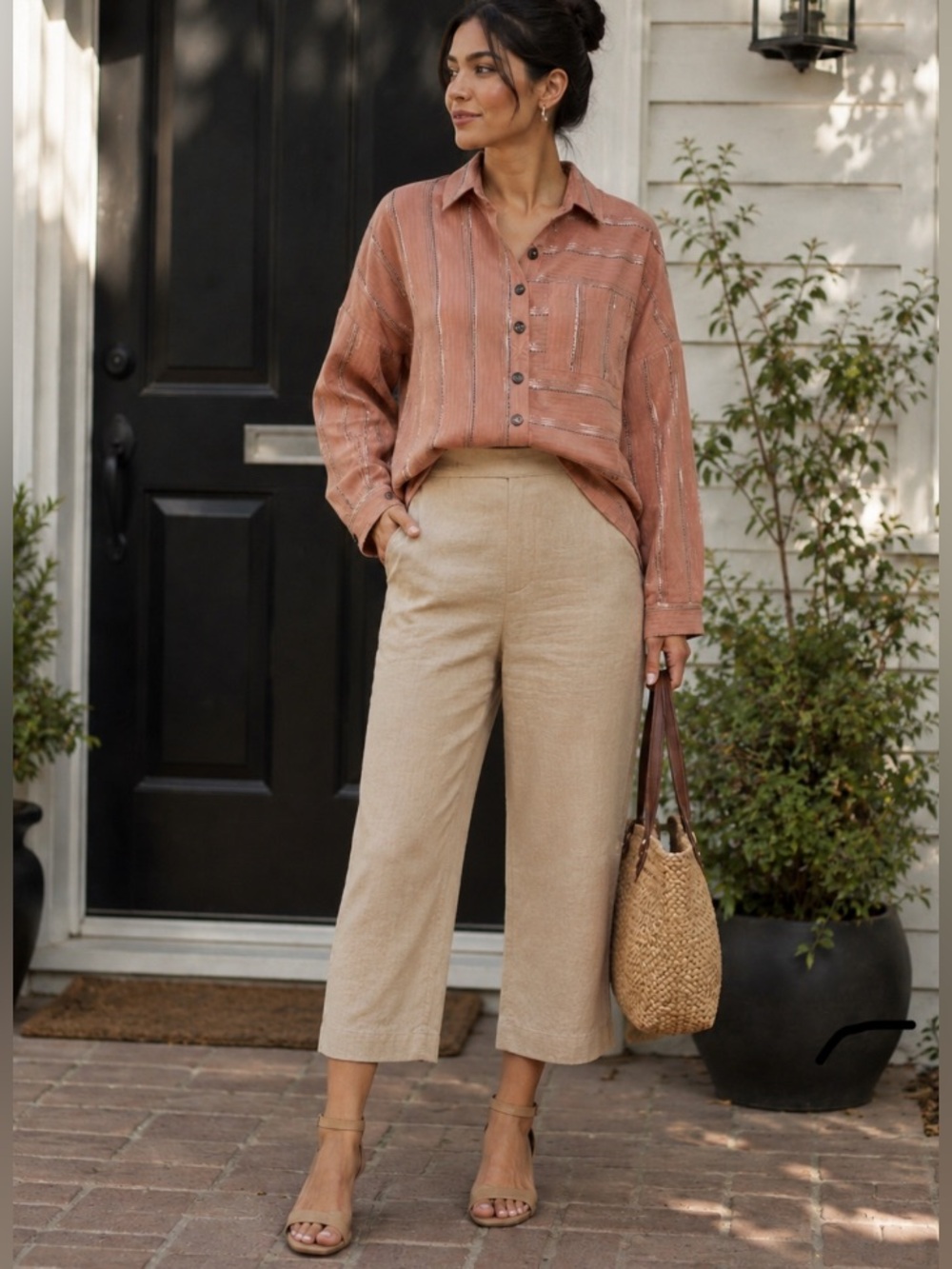 NWT Angie Vintage-Inspired Peach Stripe Metallic Trim Shirt L